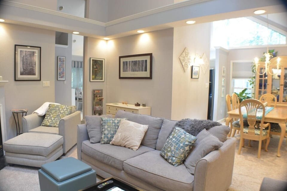 living room view from foyer & kitchen 
