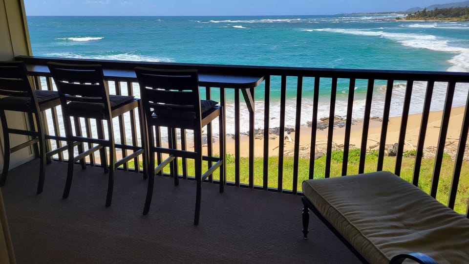 Lanai Bar Table with 3 Chairs and Padded Chaise Lounge with Side Table