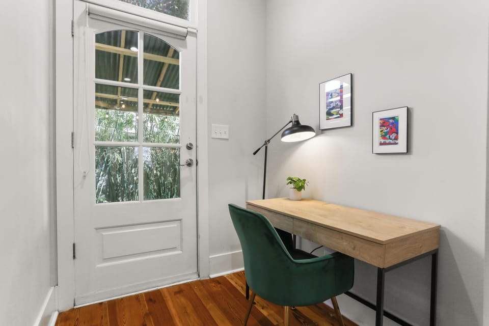 Office area with deck, lamp for working remotely