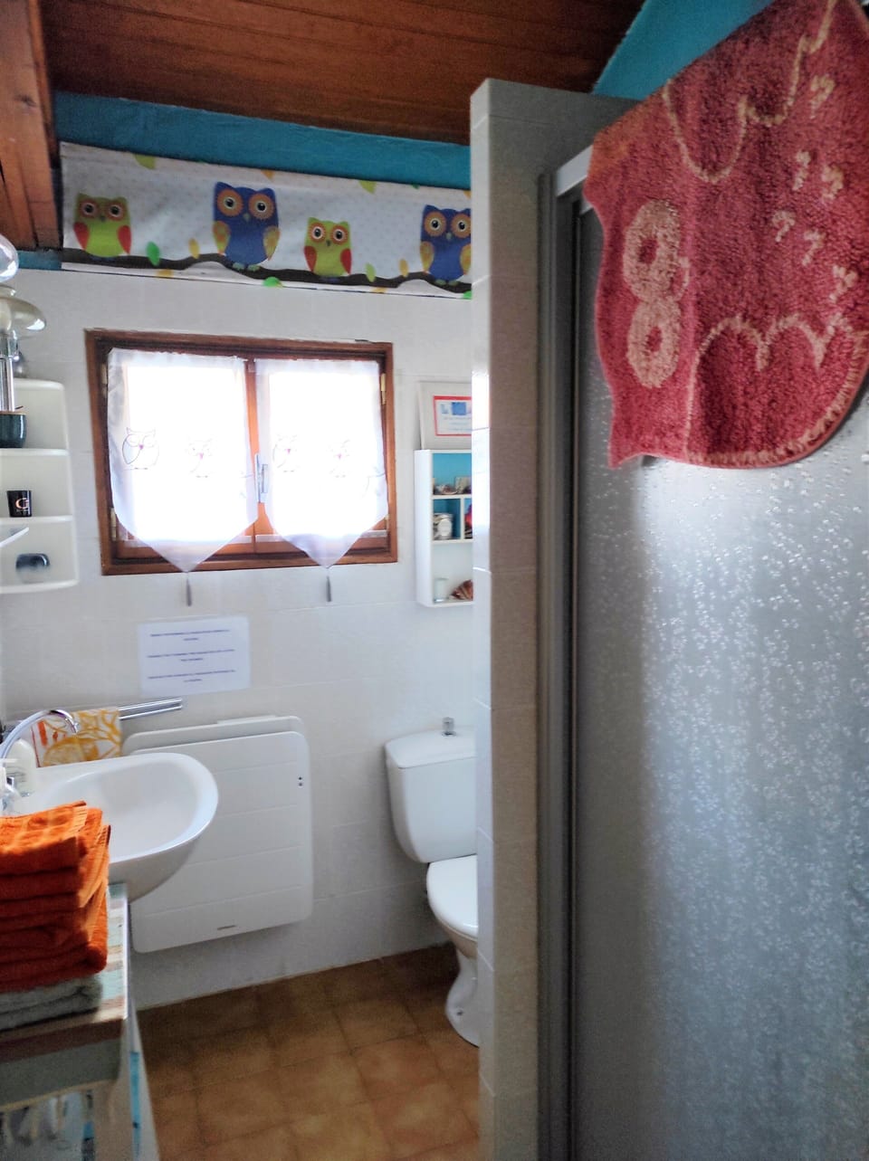 Bathroom with shower, sink and toilet.