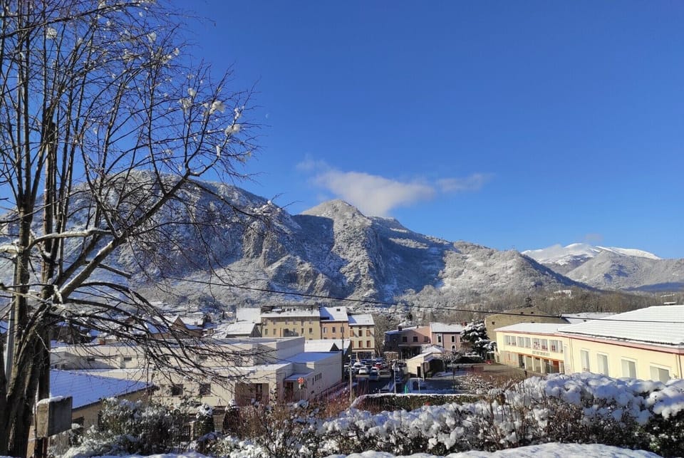 View of the village in the snow from the house.