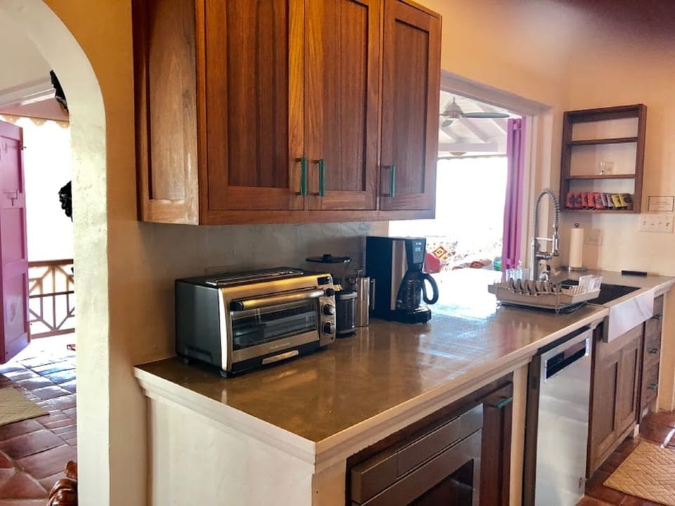 Kithcen with new Teak cabinets and polished concrete counters. New appliances