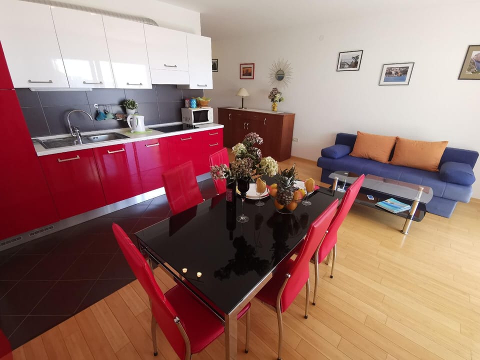 Kitchen area. Kitchen + dining + living room