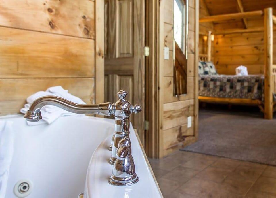 Jacuzzi, bathroom entrance (door on left), main bedroom on upper level.