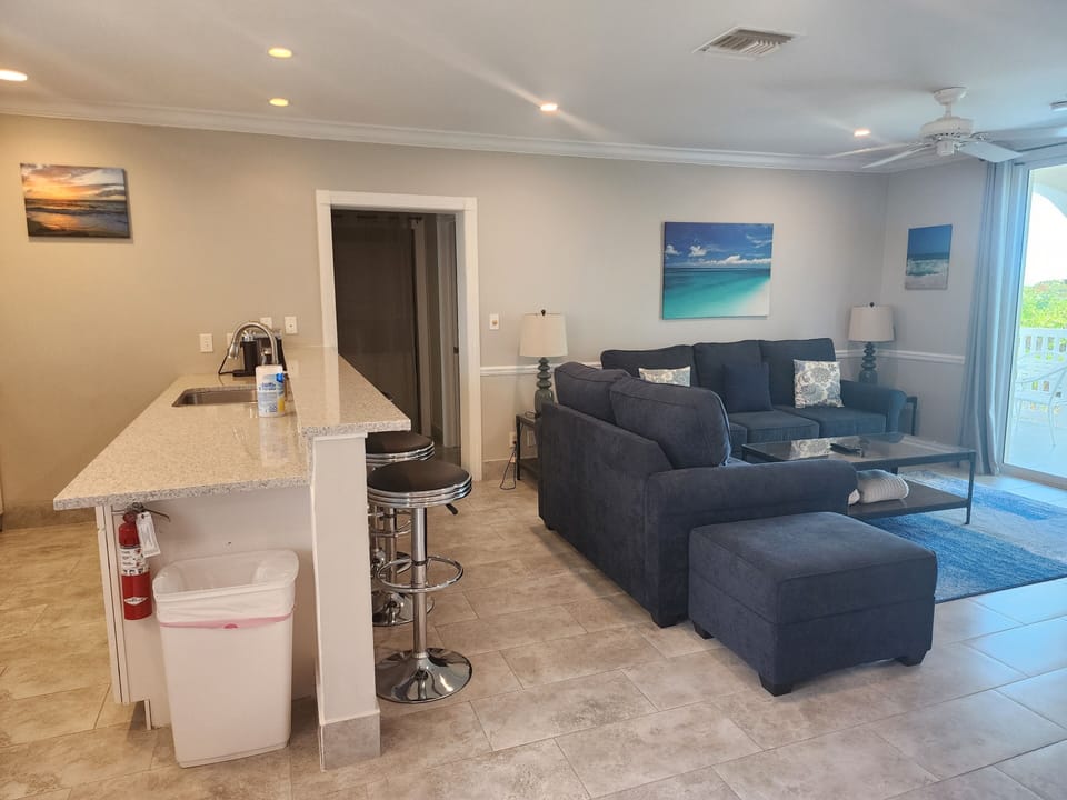 Kitchen; Bar seating; Living room