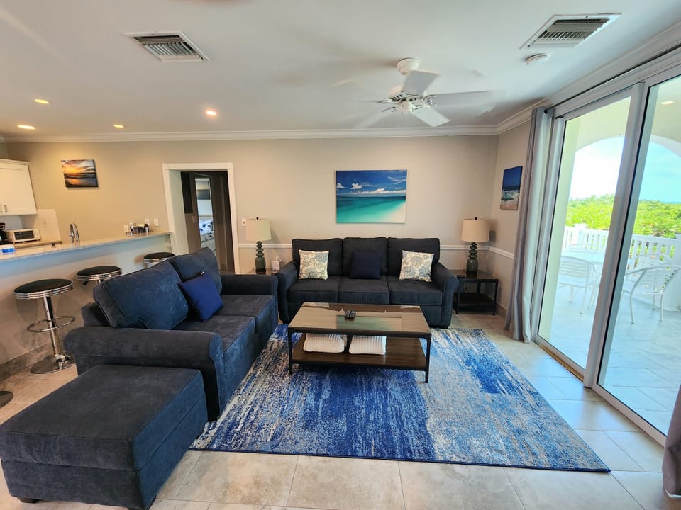 Comfortable living room; Pull out sleeper couch; Exit to Patio