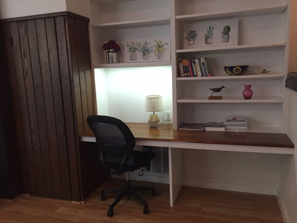 work space and desk, plenty of outlets for multiple devices