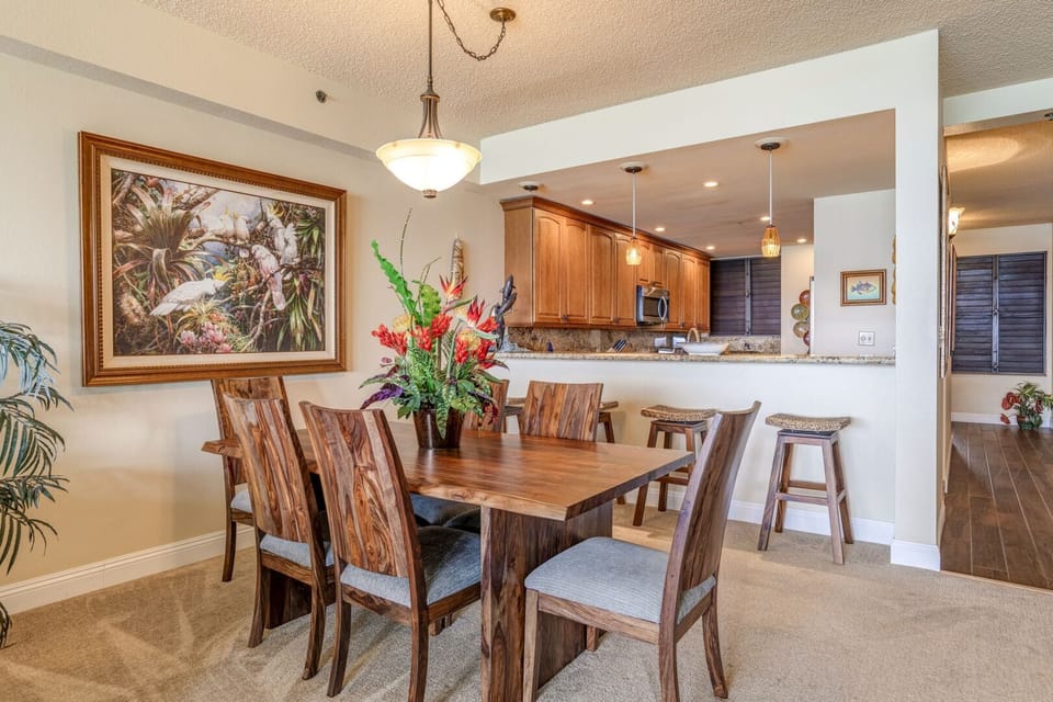 Well-lit dining area and kitchen