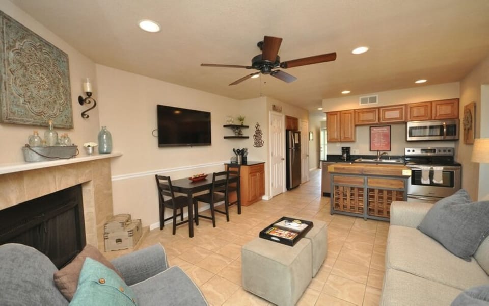 View of living area toward kitchen.
