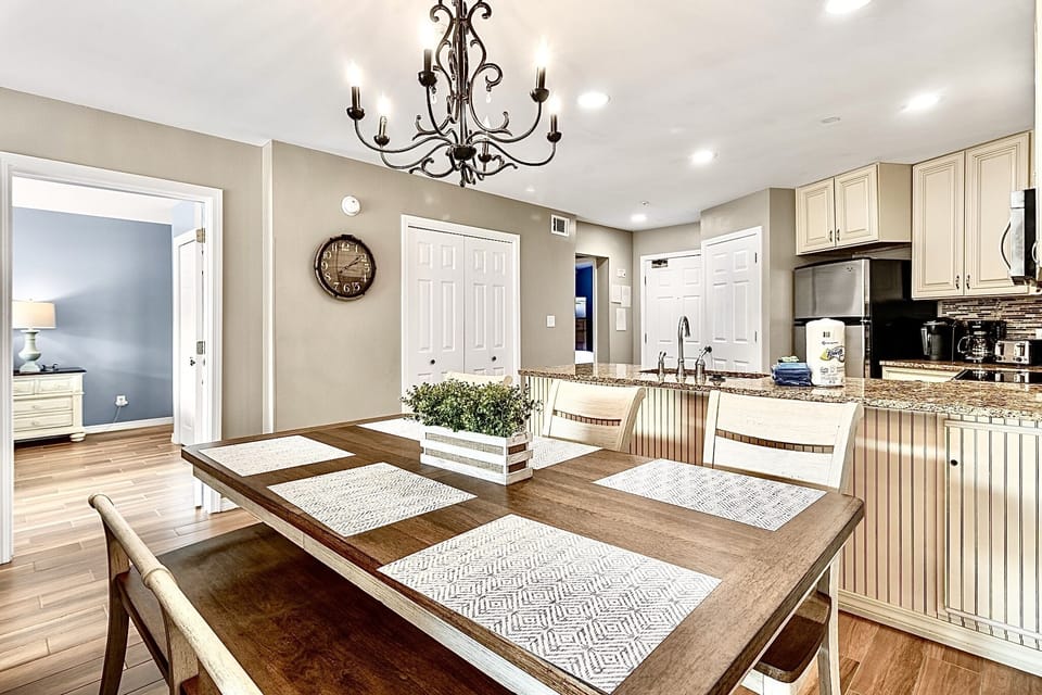 Dining table seats six.