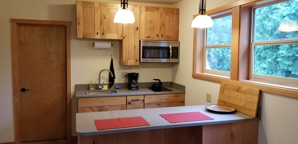 Kitchenette.  Two burner stove, sink, built-in microwave, refer under counter. 
