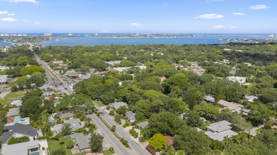 Aerial view showing your proximity to Siesta Key Beach, just 1.7 miles away.