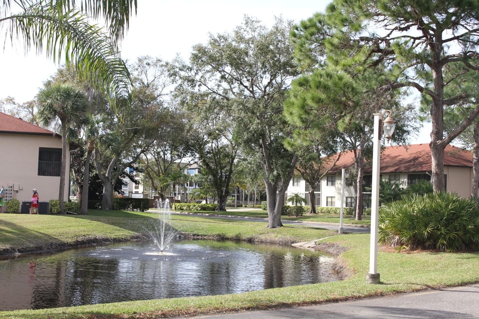 Wander peaceful paths framed by shade trees and water features.