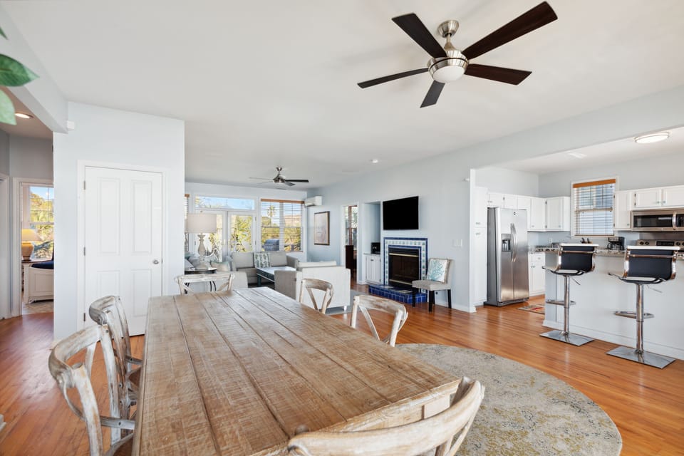 Dining, kitchen and living area
