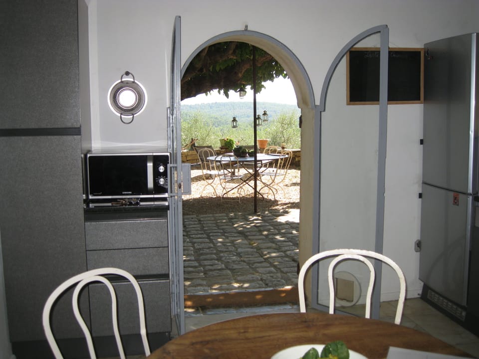 Doors leading from the kitchen onto the shady terrace in summer.