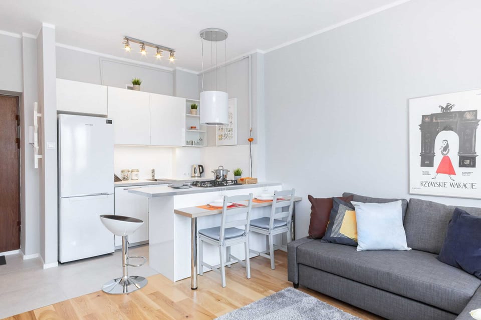 Bright living room with a sofa bed and fully equipped kitchenette.