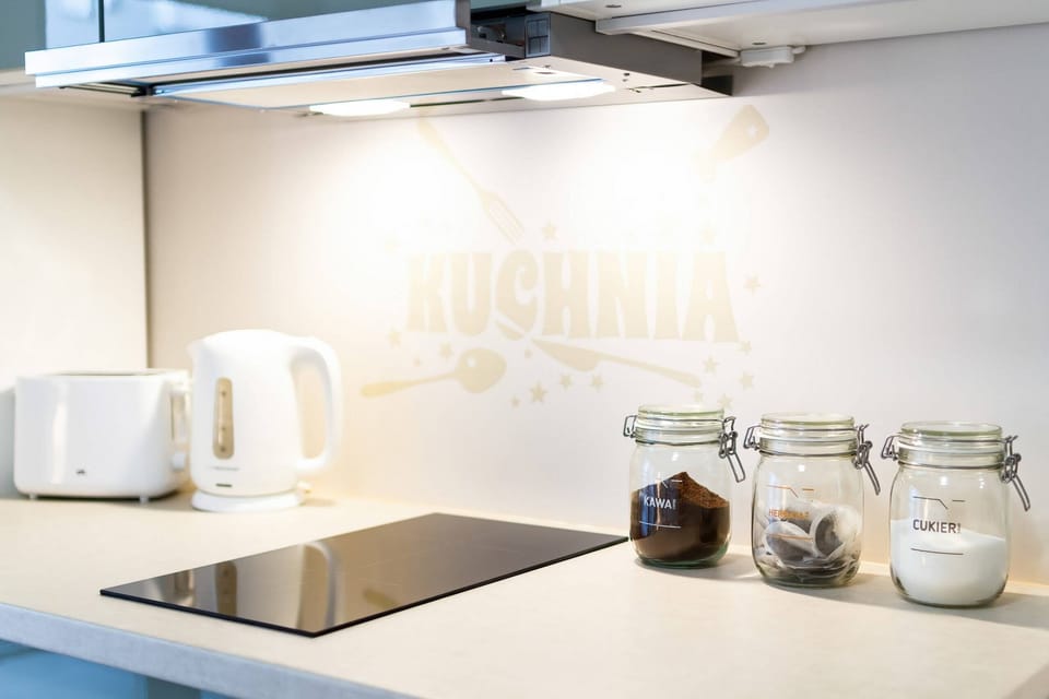 Fully equipped kitchenette with induction cooktop.