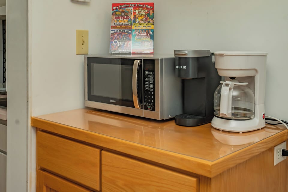 Your morning routine made easy with a microwave, Keurig, and coffee maker ready for you to use.