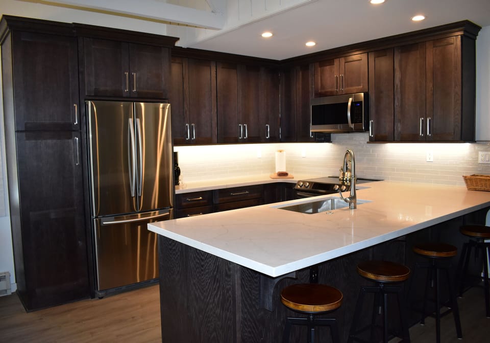 Newly remodeled kitchen with stainless steel appliances and quartz counter tops