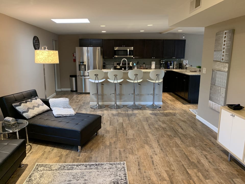 Open kitchen, living and dining areas