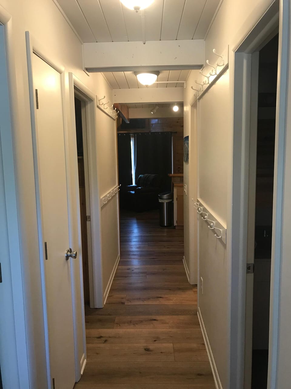 entrance - bedrooms on left, bathrooms on right - kitchen/living straight ahead
