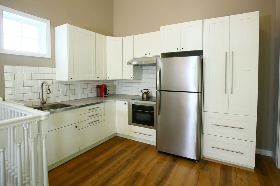 Modern kitchen w/ 4 burner induction cooktop, convection microwave & frig.