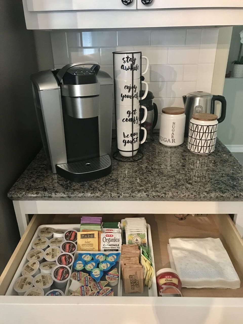 Coffee and Tea station with Keurig, Coffee Press and tea kettle 