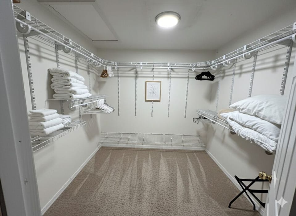 Bedroom 1 closet. Plenty of room for clothes and we provide towels and linens 