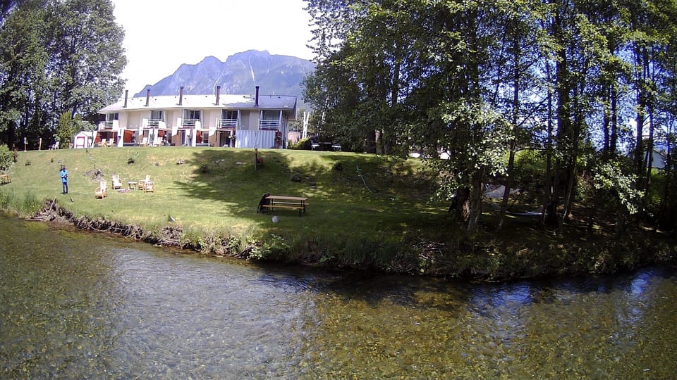 Drone Photo: Moon River Suites Building with Lawn on the banks of the S Fork Snoqualmie River