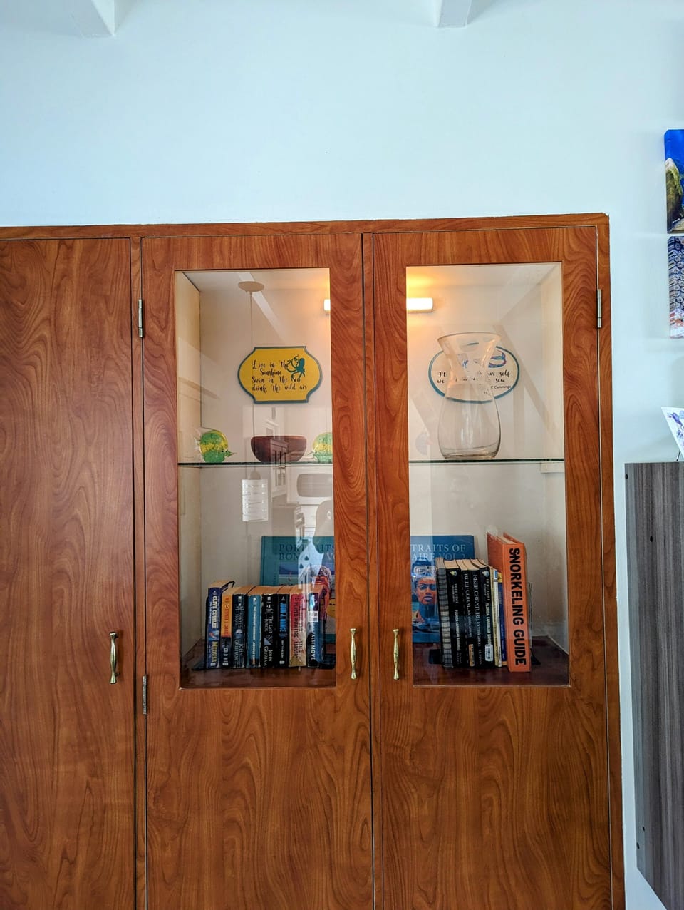 Beautiful wood & glass storage cabinet that holds games, first aid kit & more