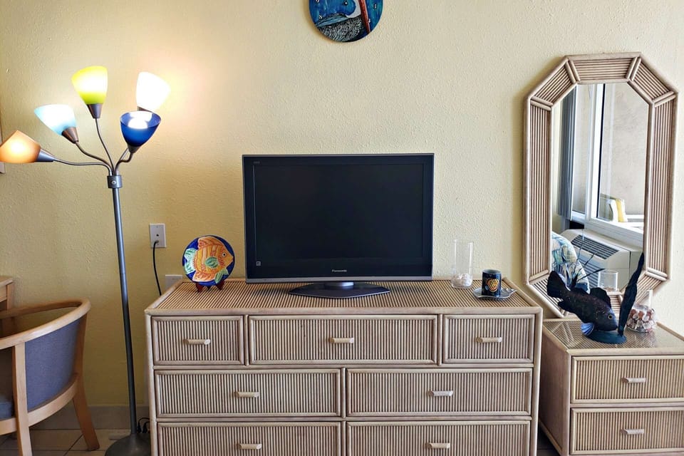 Includes a 32 inch flat screen T.V. with free HBO and WiFi.