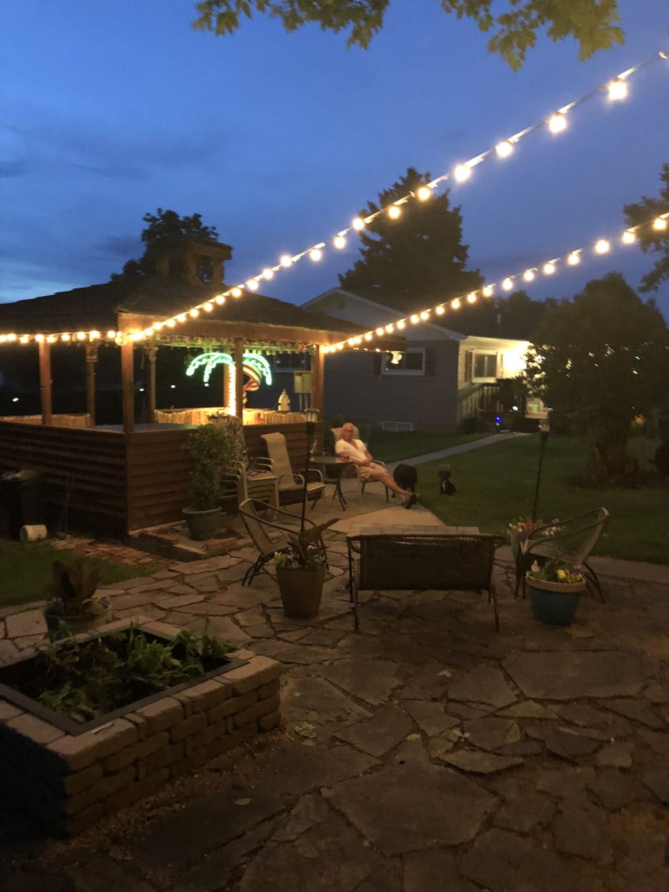 Outdoor patio; gazebo has the hot tub