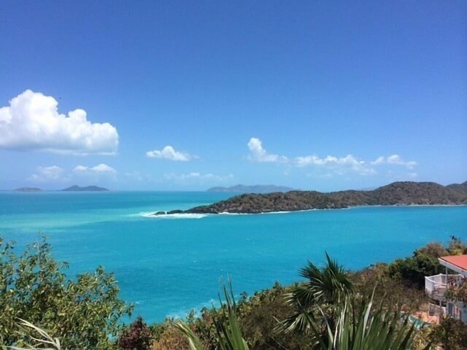 view from deck, background is Tobago &  Jost Van Dyke (BVI), foregrnd Thatch Cay