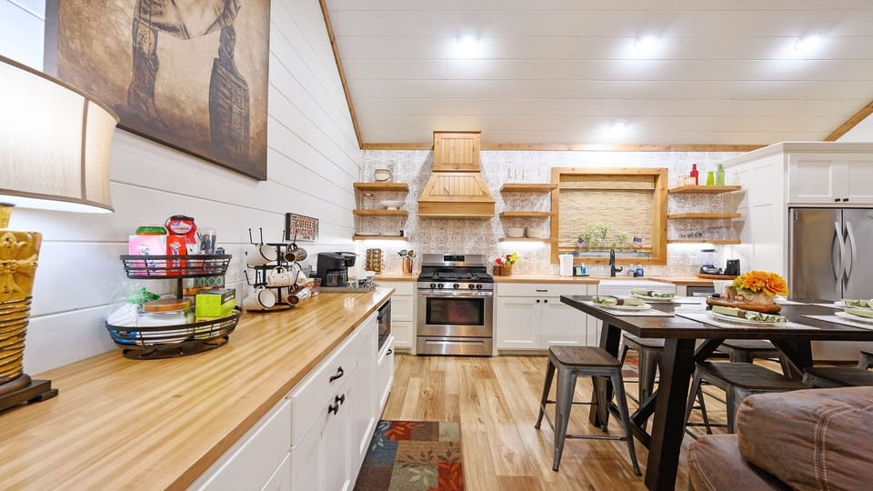 Dining Table (seats 6), Floating Shelves, Vent-a-Hood over Gas Stove