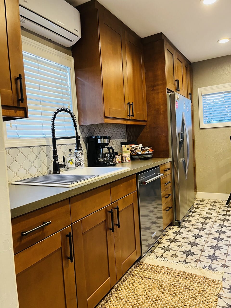 New Kitchen - farmhouse sink, coffee maker and snacks