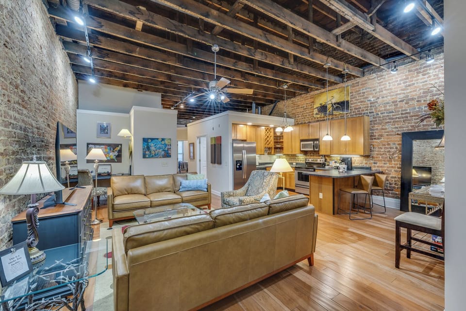 This seating area offers two leather sofas and a comfy side chair. It’s a great place to watch Netflix, catch a football game, or read a book. 