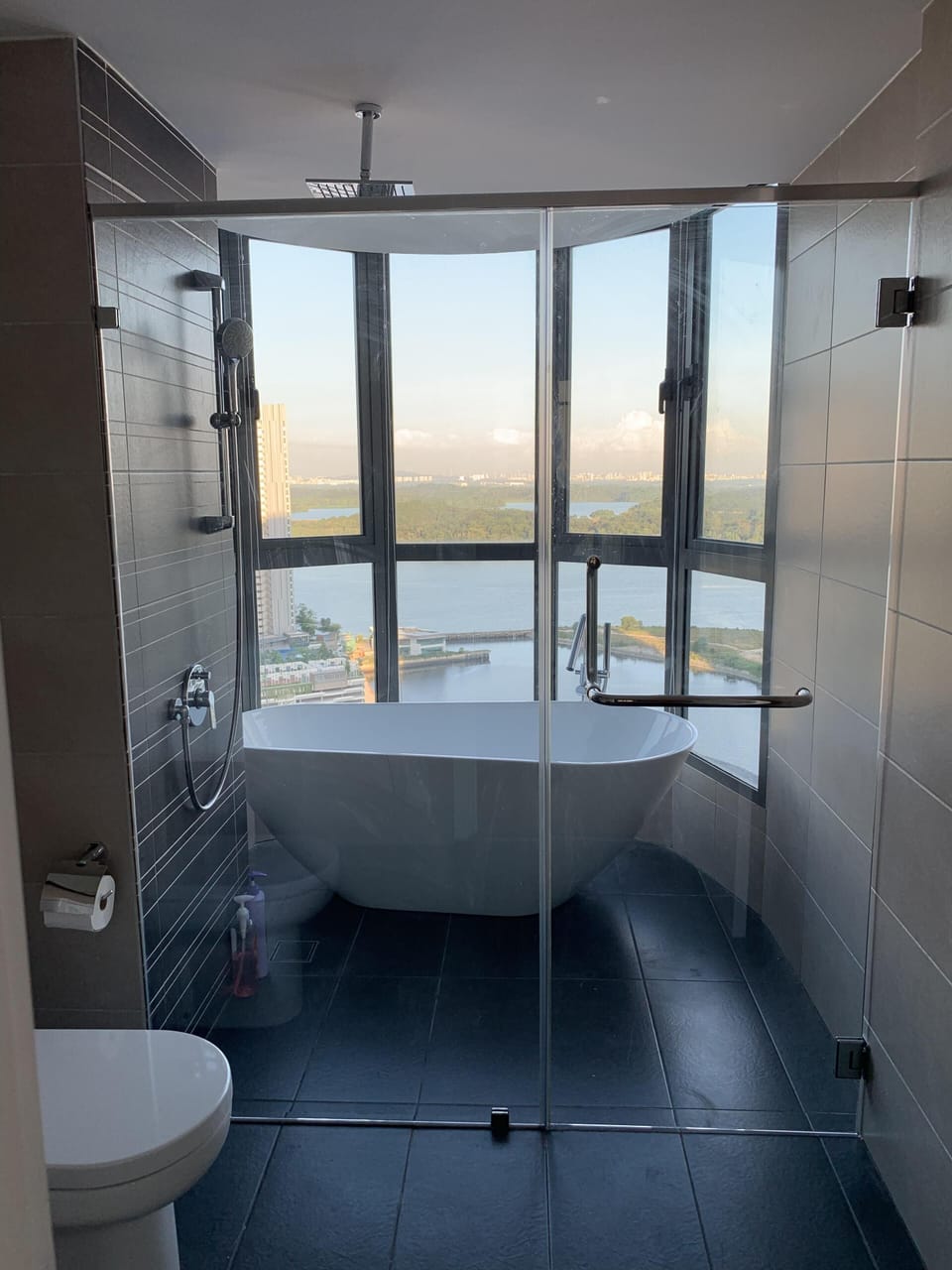 Master bathroom with bath tub and rain shower. Bird eye sea view. 