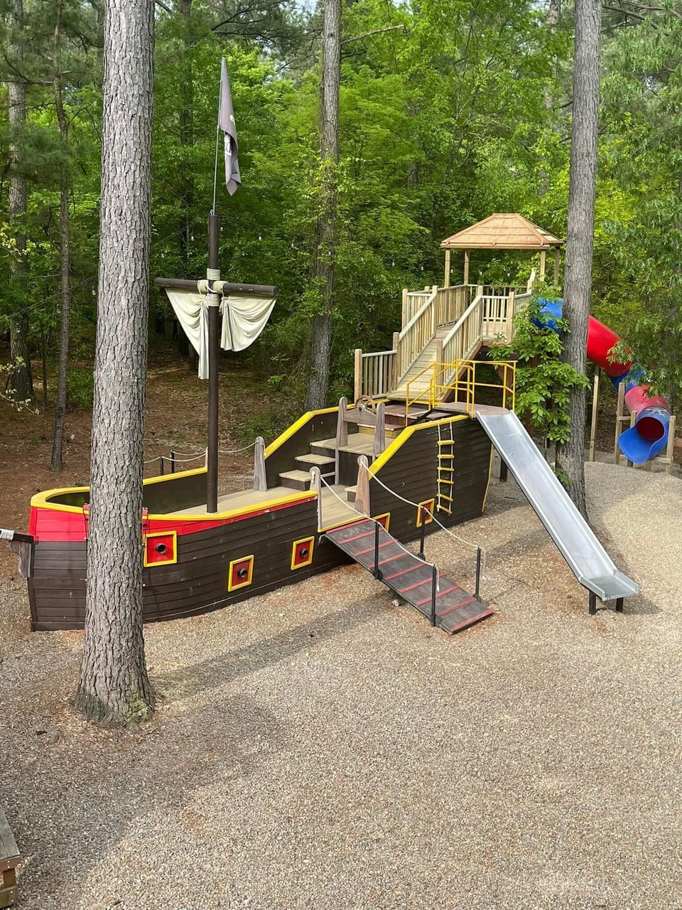 The incredible 30-foot pirate ship playground makes this one of the most unique family cabins in Broken Bow.