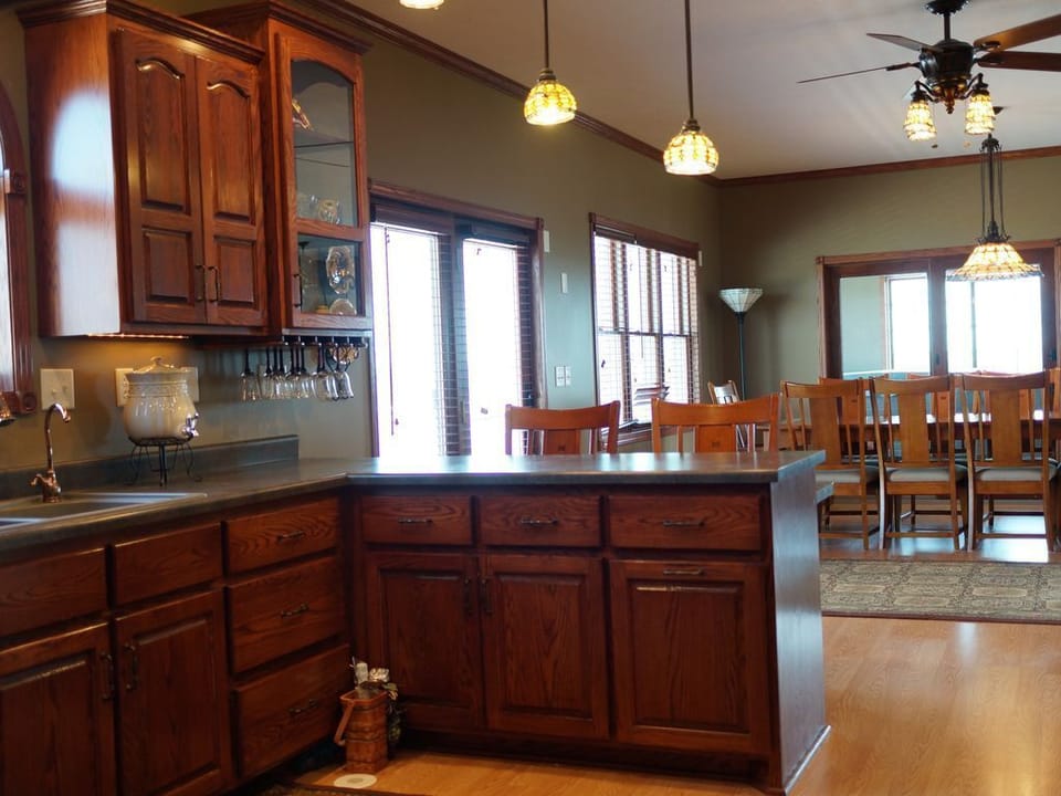 Open kitchen flows into the dining room.