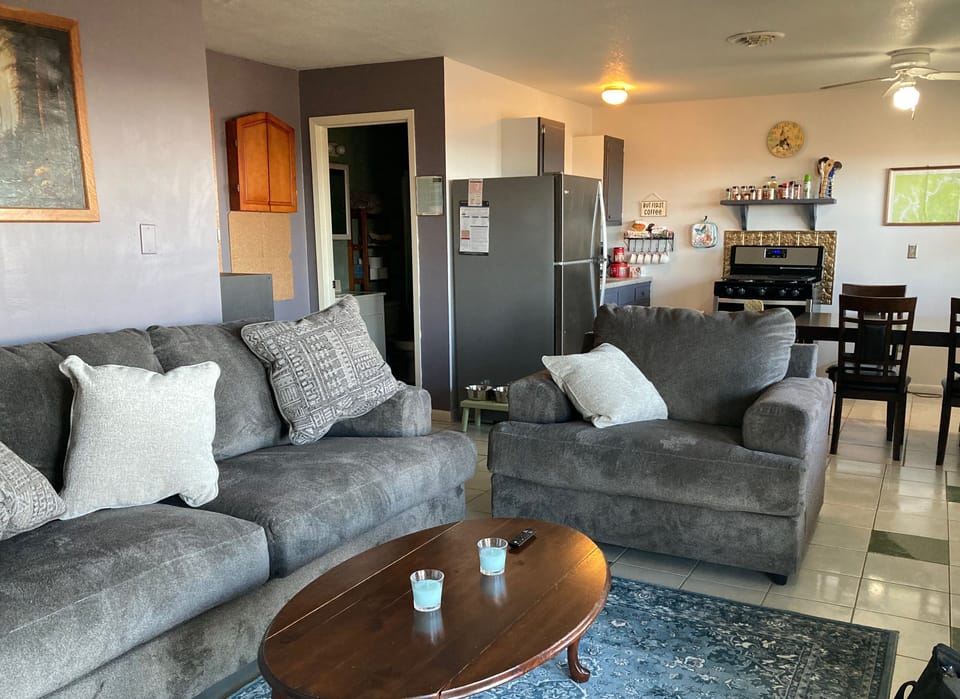 view of living and kitchen; sofa is a pull out bed