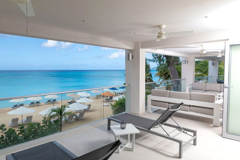 The One at the St. James - Master Bedroom Patio with stunning views of the turquoise bay