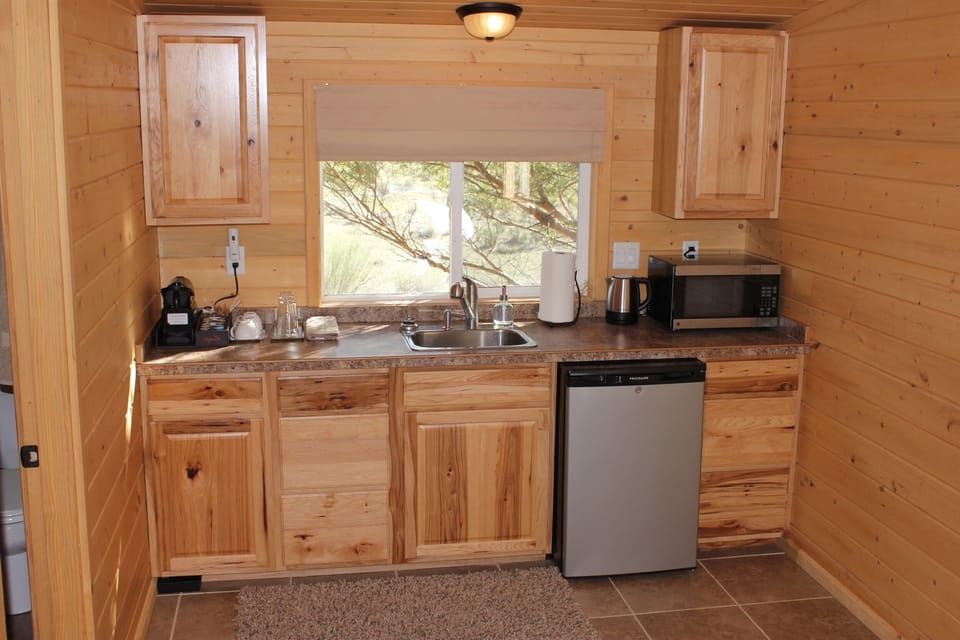 Kitchenette with sink, microwave, drip coffee pot and fridge