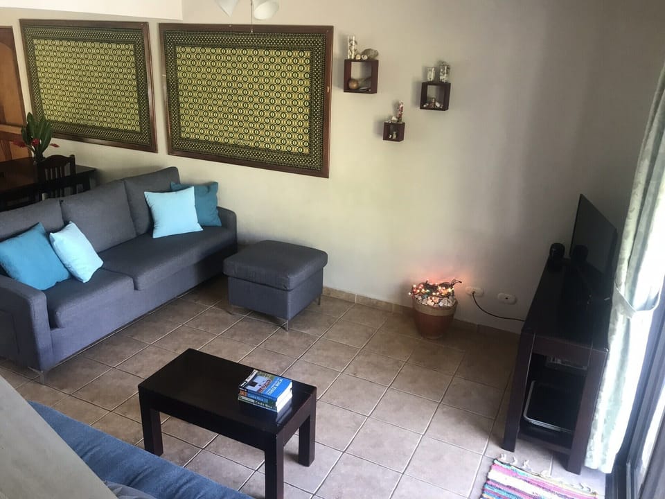 Living room with new couch, tv with cable 