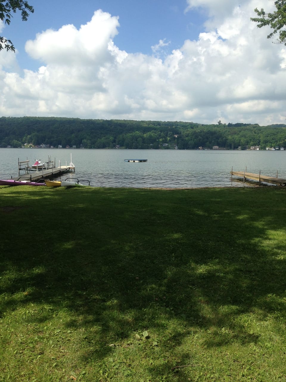 lake front with docks and swim platform
