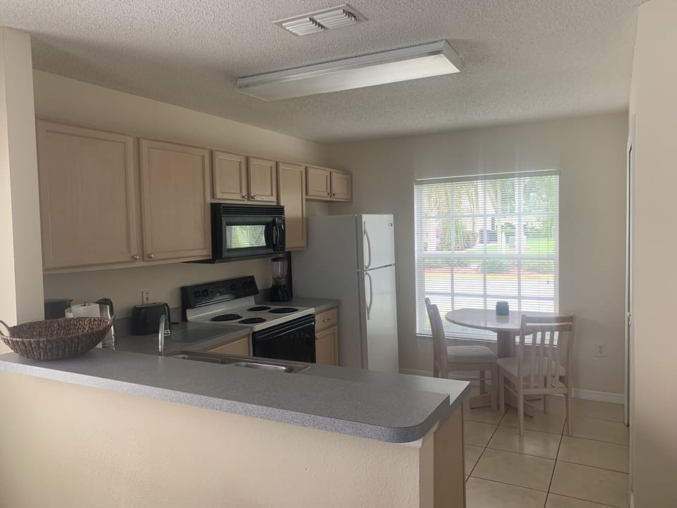 Kitchen is bright and sunny due to large window