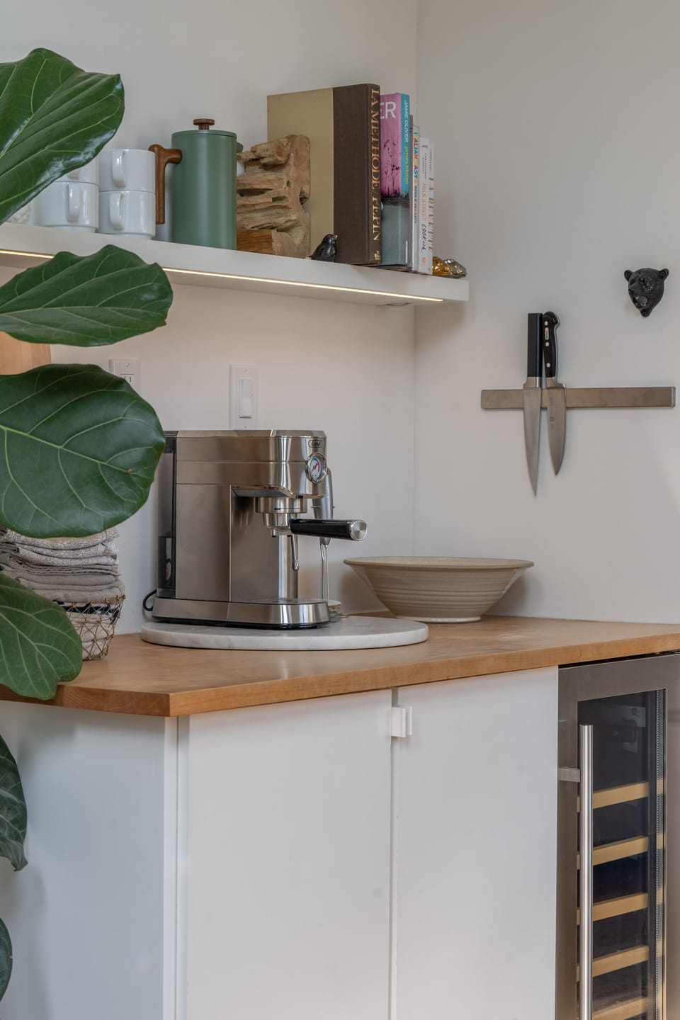 Coffee station and wine fridge.