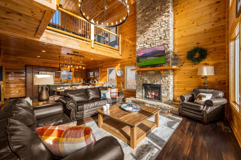 Spacious main living area! 27' high fireplace