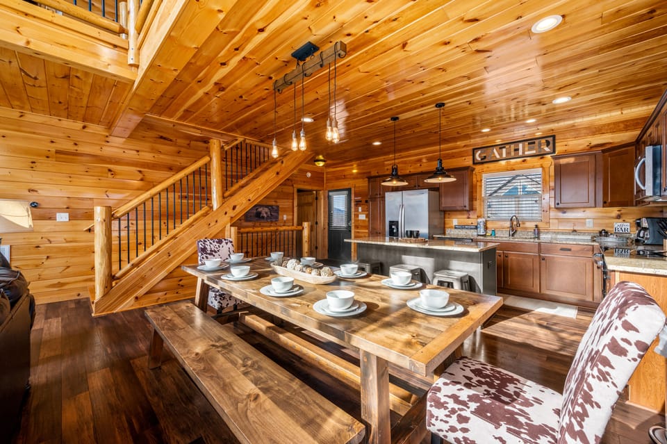 Hand-made dining table for 8-10 (additional seating at the island)