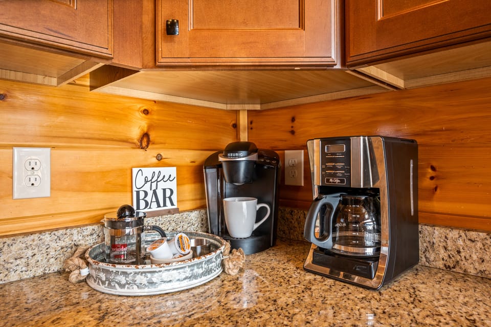 Keurig, drip, press, not pictured-grinder, Ninja coffee brewer, electric kettle!