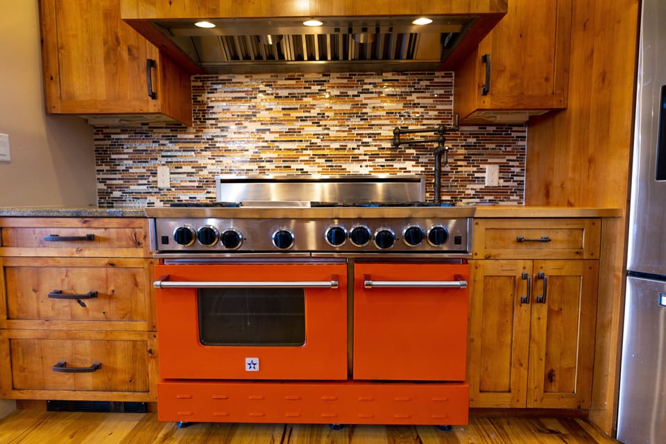 Love the pop of color and the precision cooking.  Gas only Blue Star.